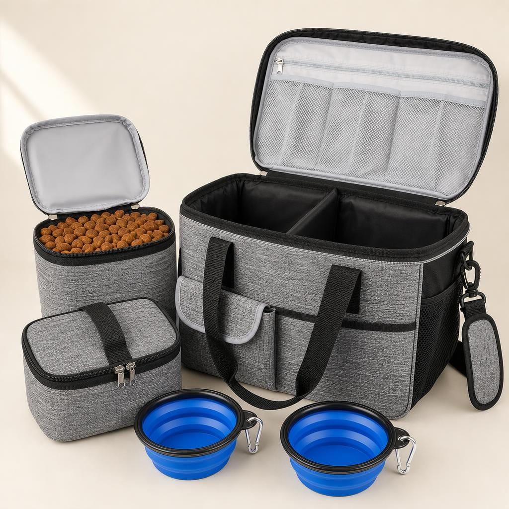Dog travel bag complete kit with two food containers and two collapsible bowls